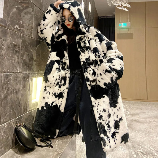 Winter Oversize Cow Printed Hooded Long Jacket