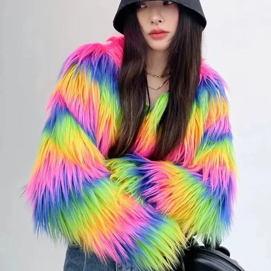 Women Colorful Rainbow Hairy Faux Fur Coat