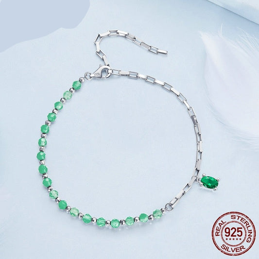 925 Sterling Silver Green Beads Crystal Bracelet