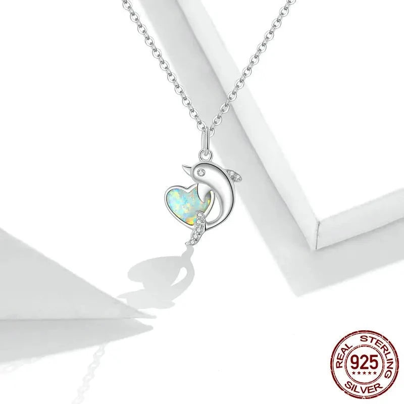 925 Sterling Silver Dolphin with Heart Necklace