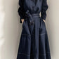 Woman Dress with Belt Stand Neck Loose Dark Blue