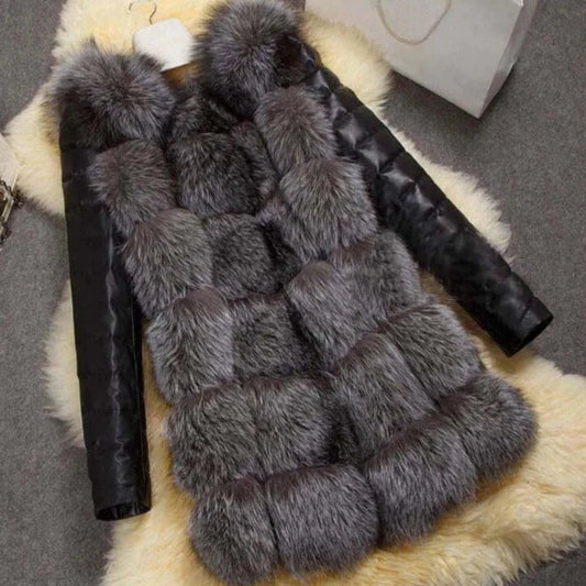 Women Faux Fox Fur Coat With PU Sleeve