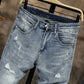 Men Skinny Light Blue High Street Style Ripped Jeans