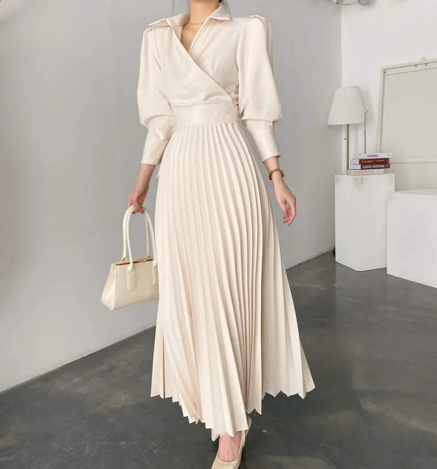 Woman V-neck Apricot Elegant Long Dress