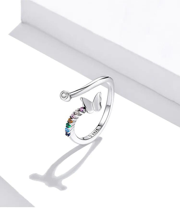 Sterling Silver Rainbow Butterfly Ring Shining Zircon