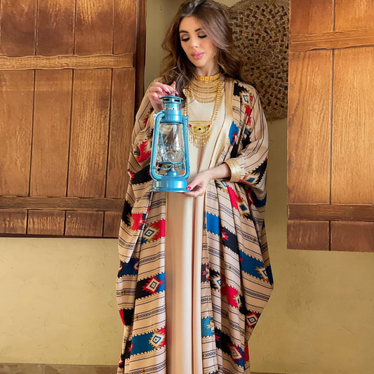 Women Two Pieces Abaya Dress Colorful Geometric