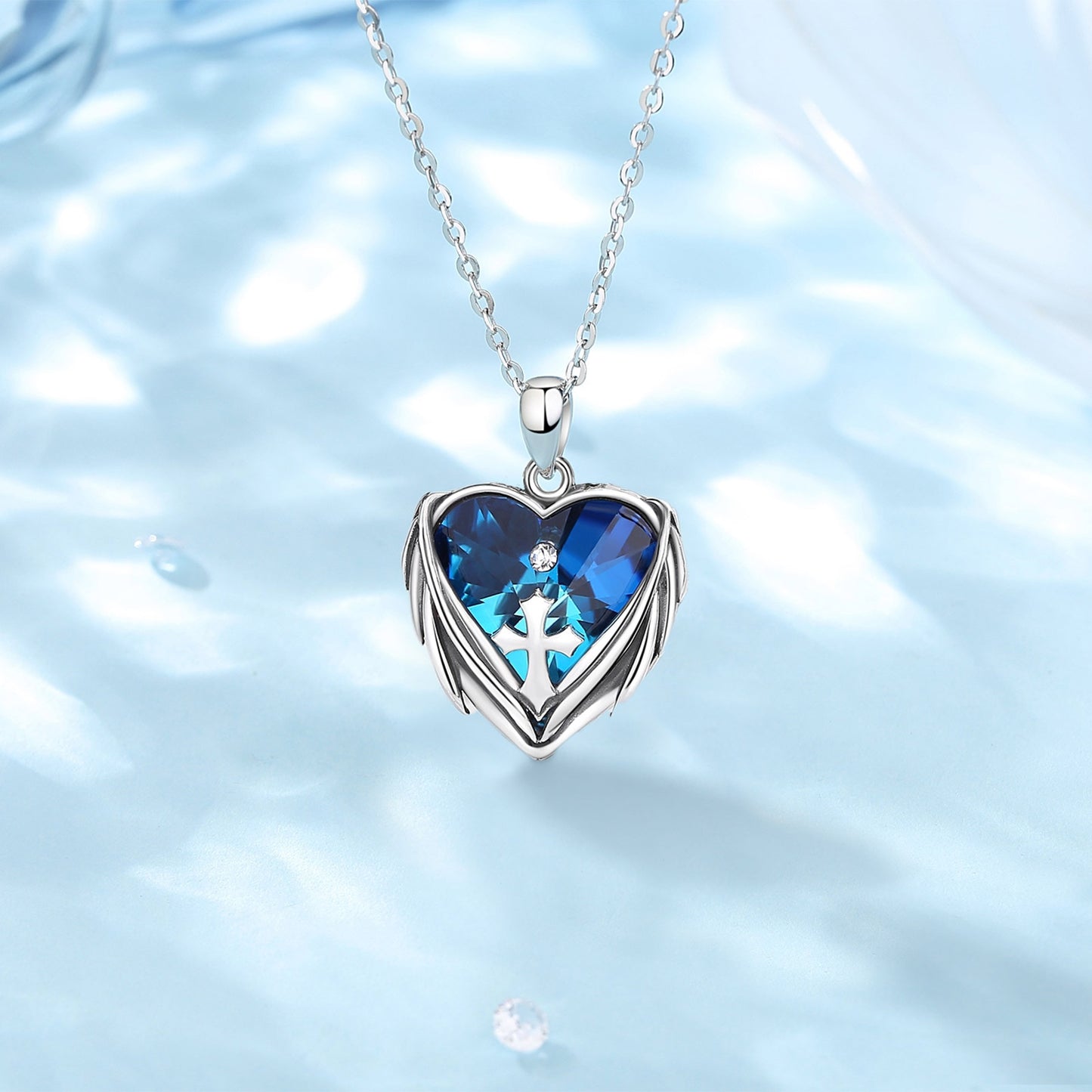 Real 925 Sterling Silver Blue Heart Cross Necklace
