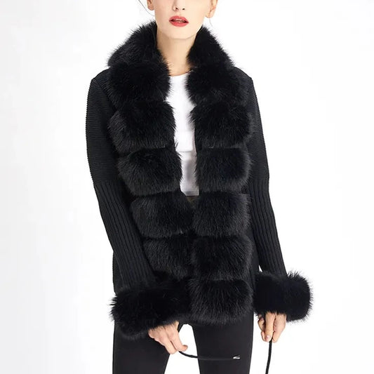 Women Luxury Fur Cardigan Knit Winter Jacket