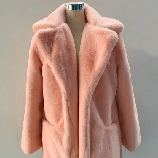 Women Mid Long Lapel Furry Loose Pink Jacket