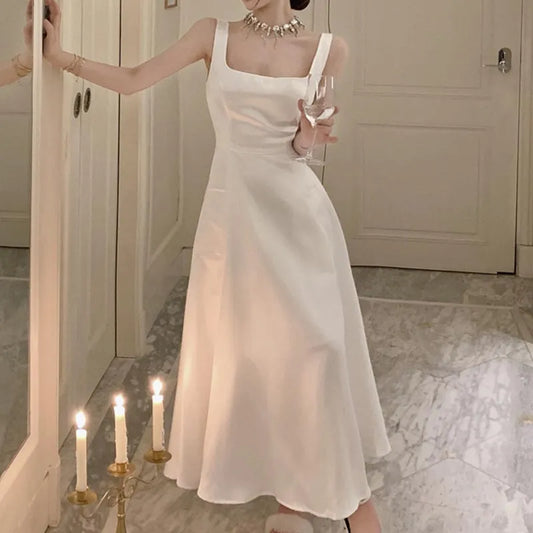 White Elegant Satin Square Collar Dress