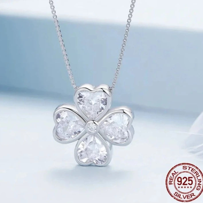 925 Sterling Silver Heart Four Leaf Necklace