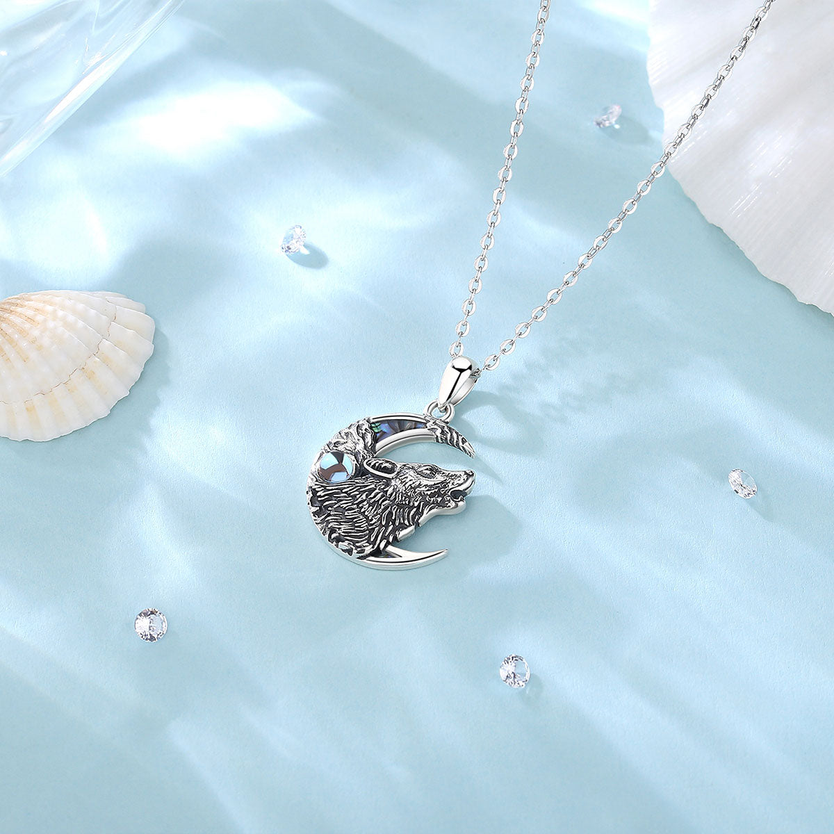 925 Sterling Silver Wolf on the Moon Necklace