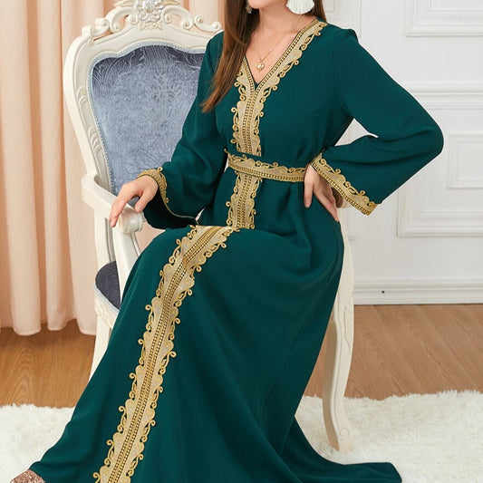 Dresses For Muslim Women Lace Embroidery V-Neck