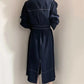 Woman Dress with Belt Stand Neck Loose Dark Blue