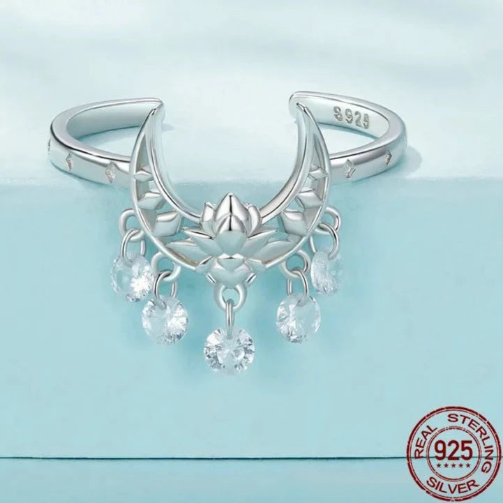 925 Sterling Silver Unique Moon Lotus Open Ring