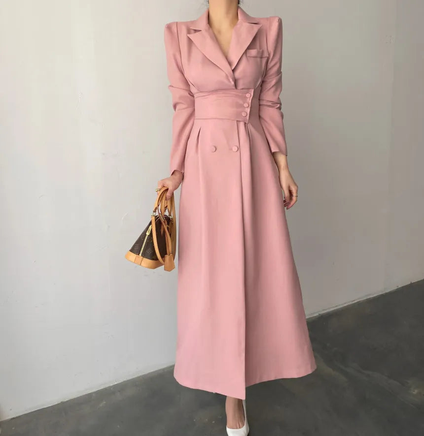 Women Apricot Single-breasted Vintage Long Dress