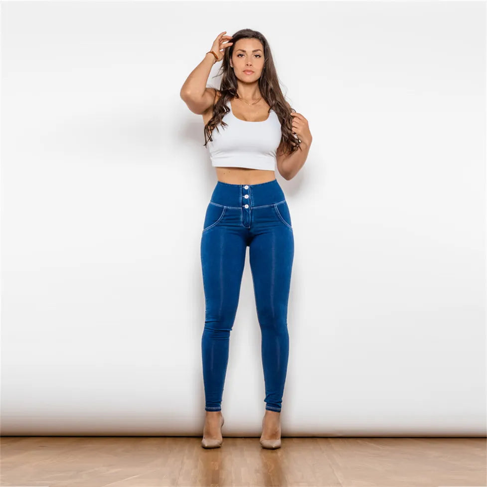 Buttons Style With High Waist Jeans For Women